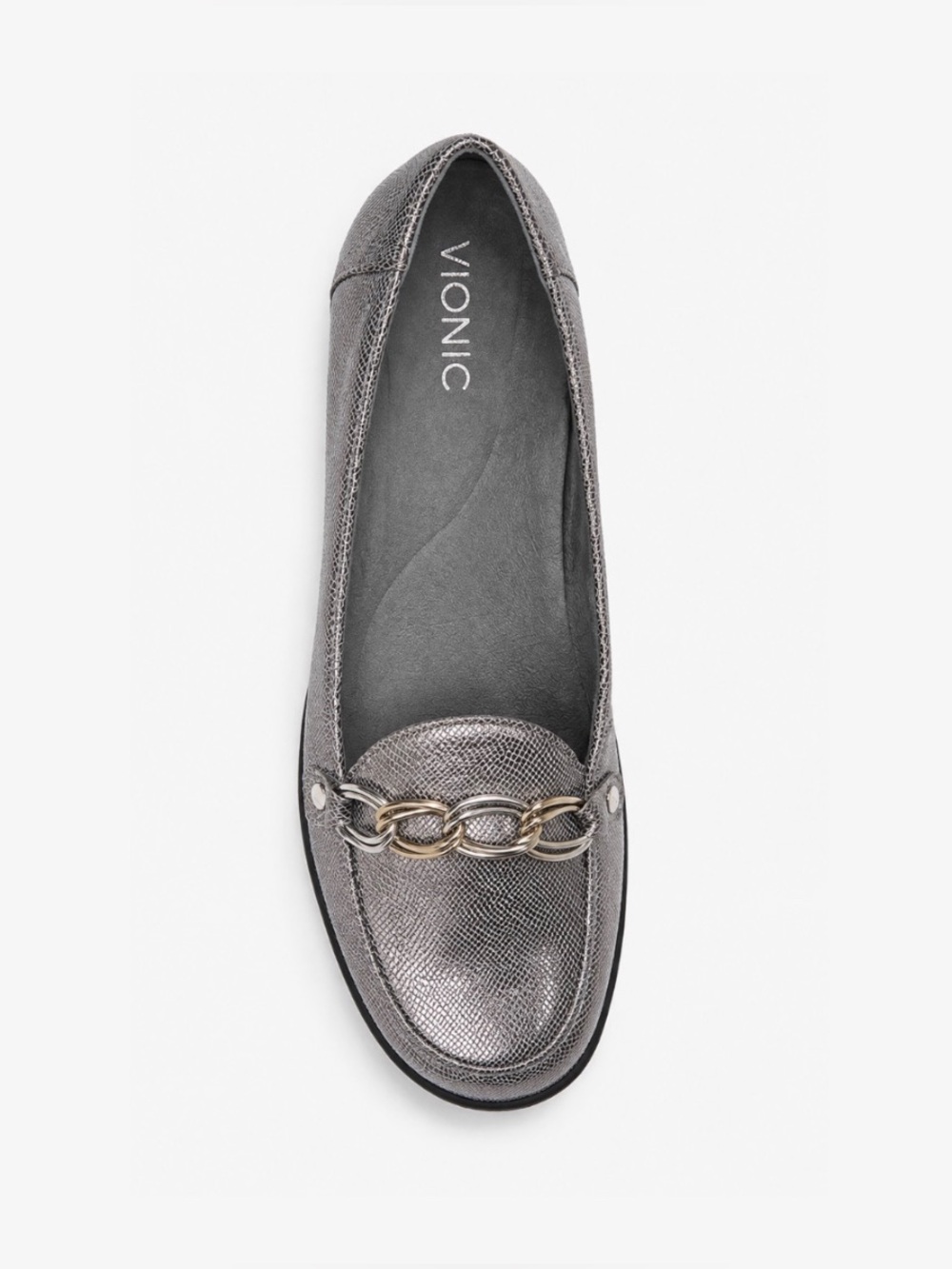 Vionic Alda Orthaheel Pewter Leather Chainlink Loafers